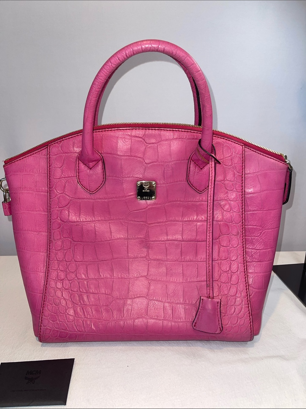 MCM München Pink Croc Embossed Leather Satchel w/ Keys Entrupy Auth Rare
